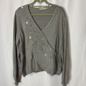 Soft Surroundings Women 2X Faux Wrap Embellished Sweater Floral Embroidered Gray